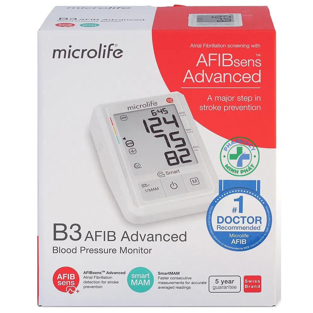 Máy B3 Afib Advanced Microlife Đo Huyết Áp Bắp Tay - Cảnh Báo Đột Quỵ (1 Cái)